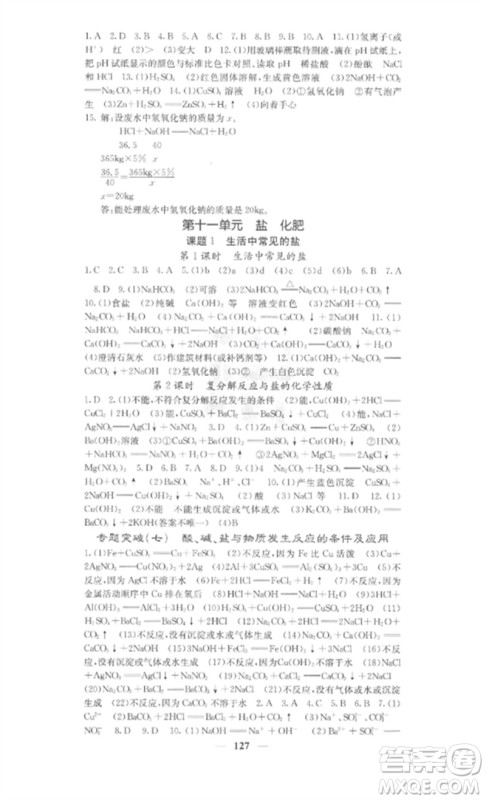 四川大学出版社2023课堂点睛九年级化学下册人教版参考答案 四川大学出版社2023课堂点睛九年级化学下册人教版参考答案