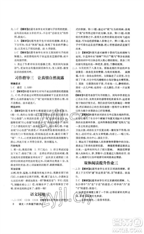 沈阳出版社2023课堂点睛六年级语文下册人教版福建专版参考答案