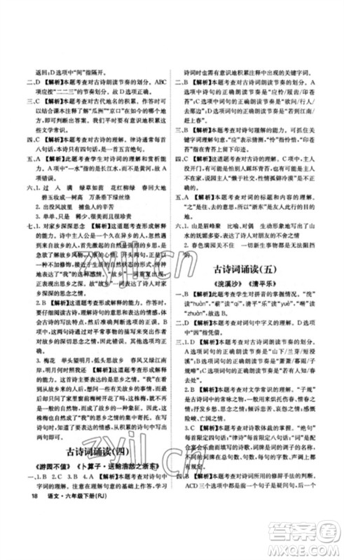 沈阳出版社2023课堂点睛六年级语文下册人教版福建专版参考答案