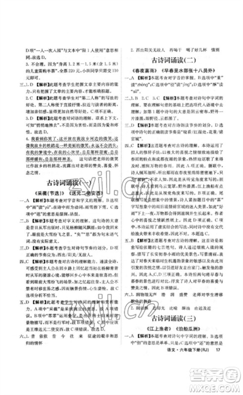 沈阳出版社2023课堂点睛六年级语文下册人教版福建专版参考答案