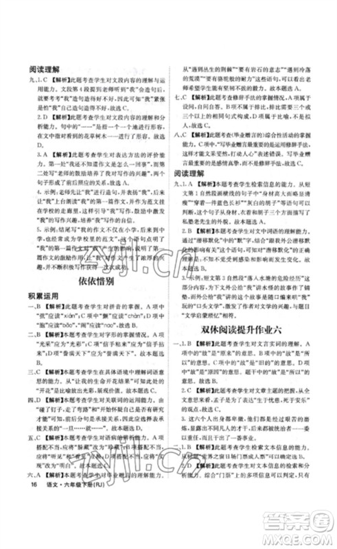 沈阳出版社2023课堂点睛六年级语文下册人教版福建专版参考答案