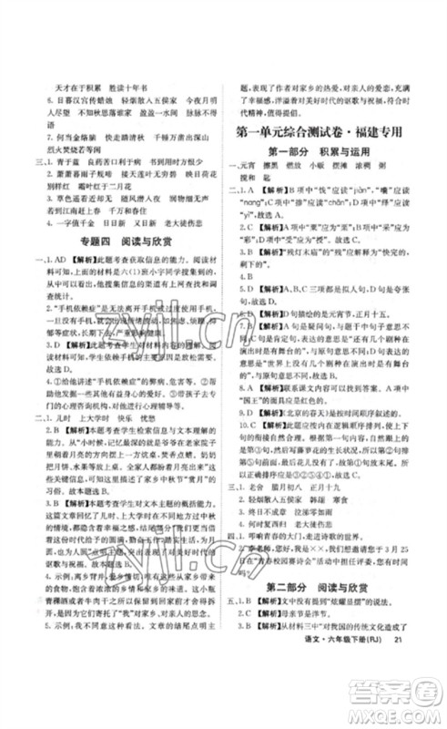 沈阳出版社2023课堂点睛六年级语文下册人教版福建专版参考答案