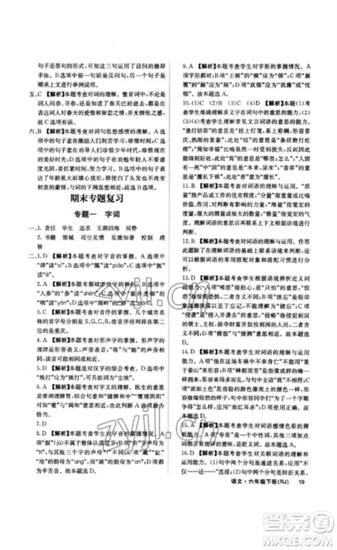 沈阳出版社2023课堂点睛六年级语文下册人教版福建专版参考答案