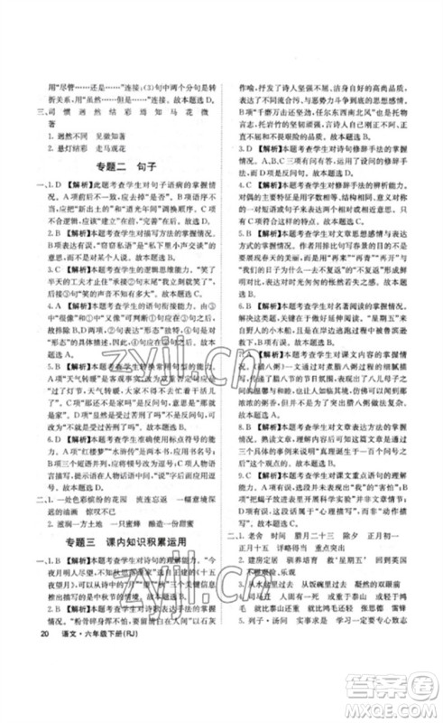 沈阳出版社2023课堂点睛六年级语文下册人教版福建专版参考答案