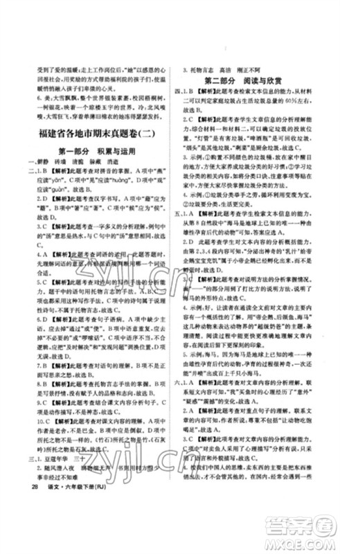 沈阳出版社2023课堂点睛六年级语文下册人教版福建专版参考答案
