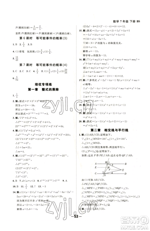 延边大学出版社2023全程突破七年级下册数学北师大版参考答案