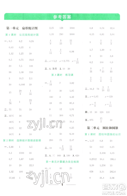 北京教育出版社2023亮点给力计算天天练六年级下册数学江苏版参考答案