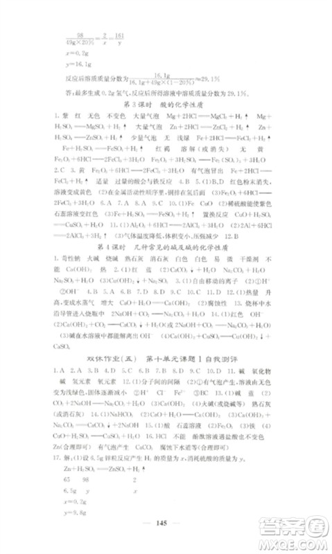 四川大学出版社2023课堂点睛九年级化学下册人教版湖南专版参考答案