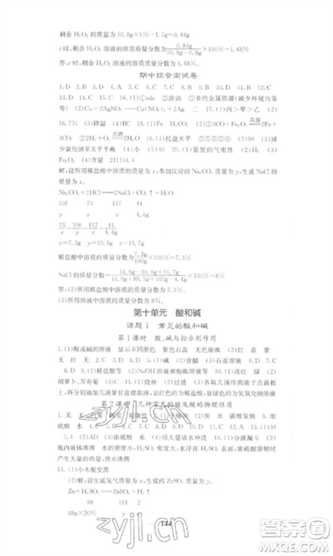 四川大学出版社2023课堂点睛九年级化学下册人教版湖南专版参考答案