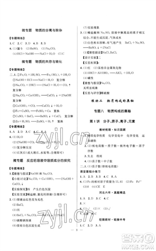 河北少年儿童出版社2023夺冠百分百中考冲刺九年级化学精讲册通用版河北专版参考答案 河北少年儿童出版社2023夺冠百分百中考冲刺九年级化学精讲册通用版河北专版参考答案