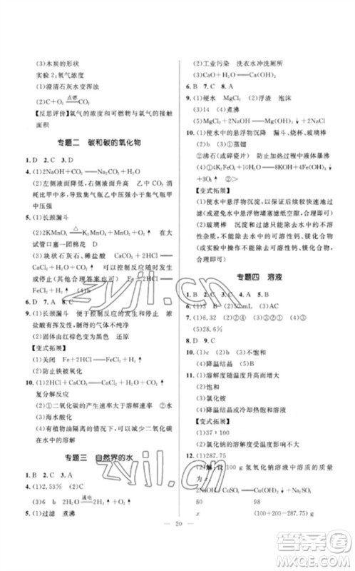 河北少年儿童出版社2023夺冠百分百中考冲刺九年级化学精讲册通用版河北专版参考答案