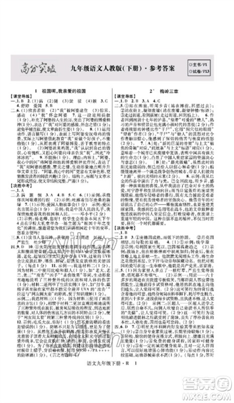世界图书出版公司2023高分突破课时达标讲练测九年级语文下册人教版参考答案 世界图书出版公司2023高分突破课时达标讲练测九年级语文下册人教版参考答案