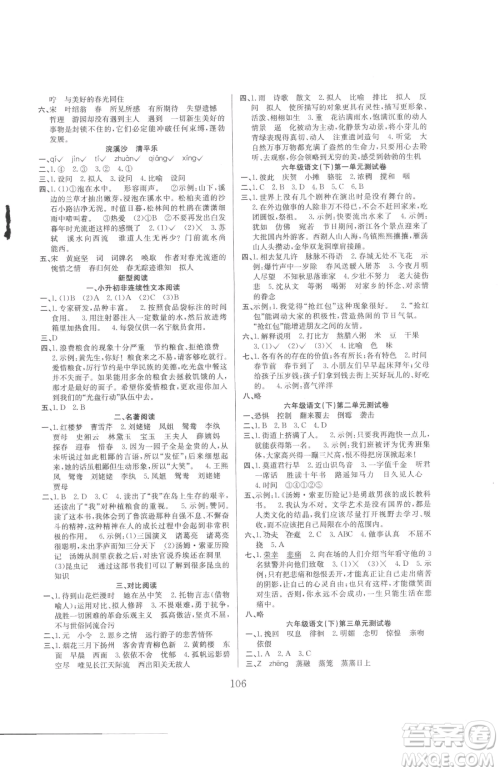 安徽文艺出版社2023阳光课堂课时作业六年级下册语文人教版参考答案