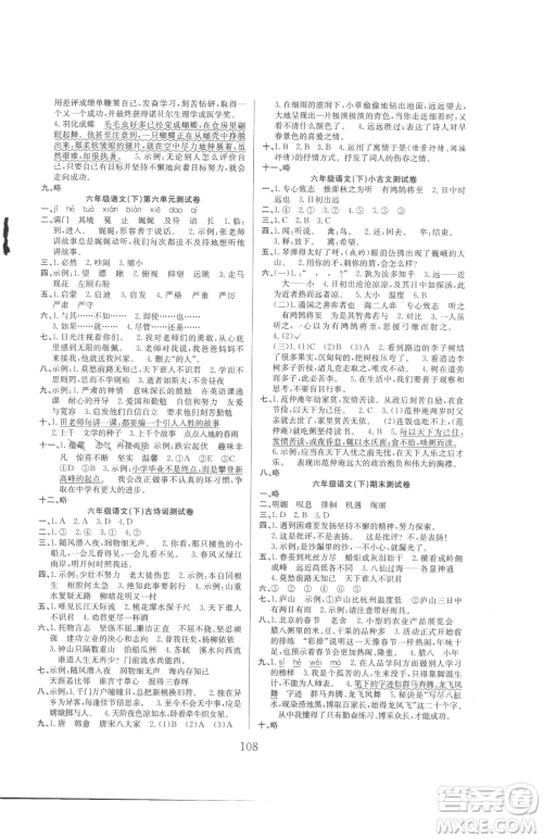 安徽文艺出版社2023阳光课堂课时作业六年级下册语文人教版参考答案