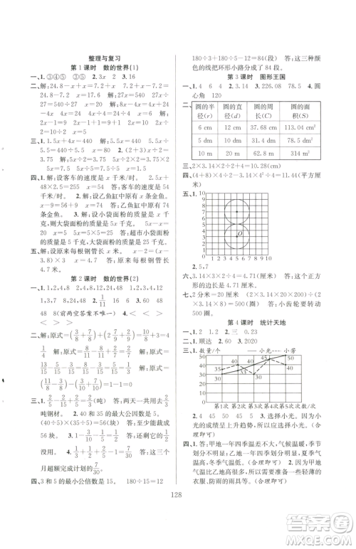 安徽人民出版社2023阳光课堂课时作业五年级下册数学苏教版参考答案