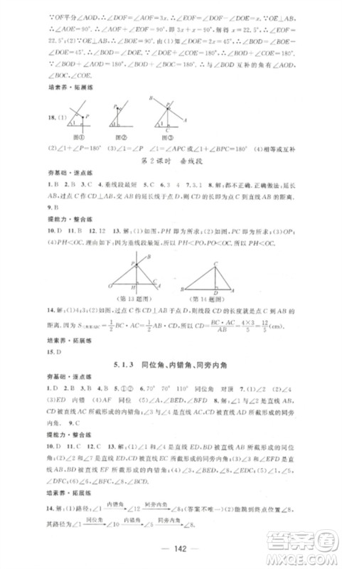 江西教育出版社2023精英新课堂三点分层作业七年级数学下册人教版参考答案