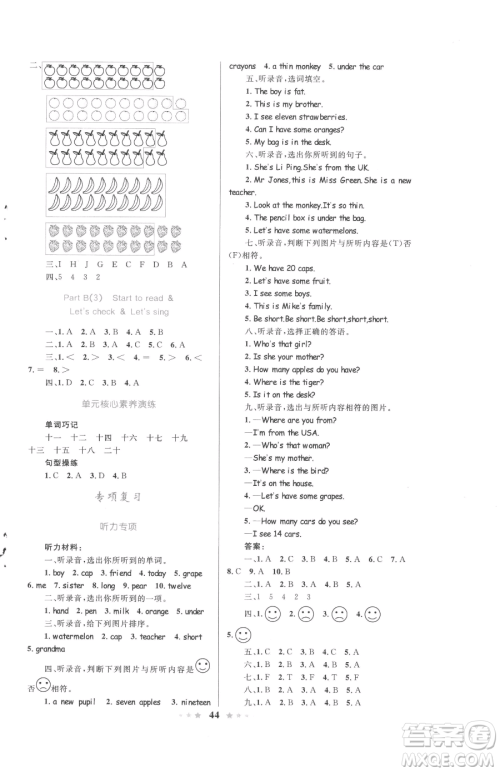 知识出版社2023小学同步测控全优设计超人天天练三年级下册英语人教版参考答案
