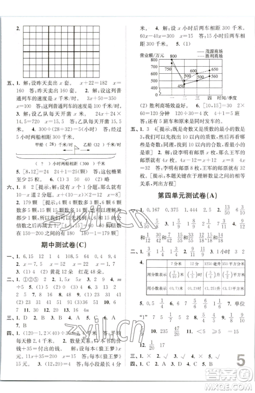 东南大学出版社2023江苏密卷五年级下册数学江苏版参考答案