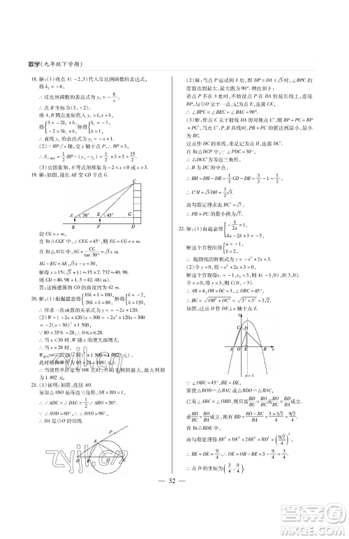 青岛出版社2023新课堂同步学习与探究九年级下册数学人教版金乡专版参考答案
