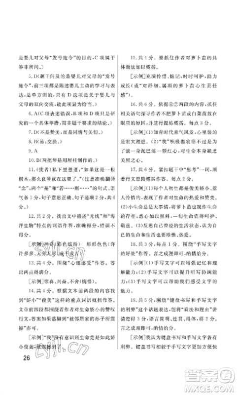 武汉出版社2023智慧学习天天向上课堂作业七年级语文下册人教版参考答案