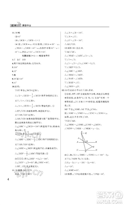 武汉出版社2023智慧学习天天向上课堂作业七年级数学下册人教版参考答案