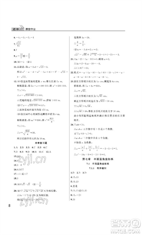 武汉出版社2023智慧学习天天向上课堂作业七年级数学下册人教版参考答案