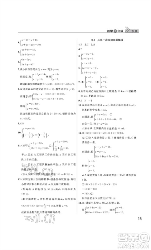 武汉出版社2023智慧学习天天向上课堂作业七年级数学下册人教版参考答案
