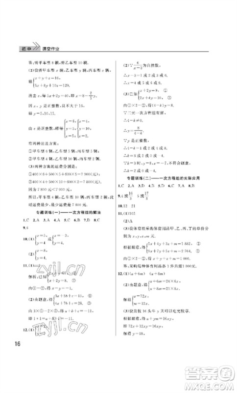 武汉出版社2023智慧学习天天向上课堂作业七年级数学下册人教版参考答案