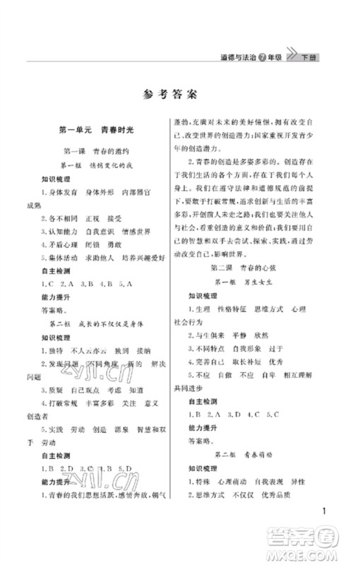 武汉出版社2023智慧学习天天向上课堂作业七年级道德与法治下册人教版参考答案