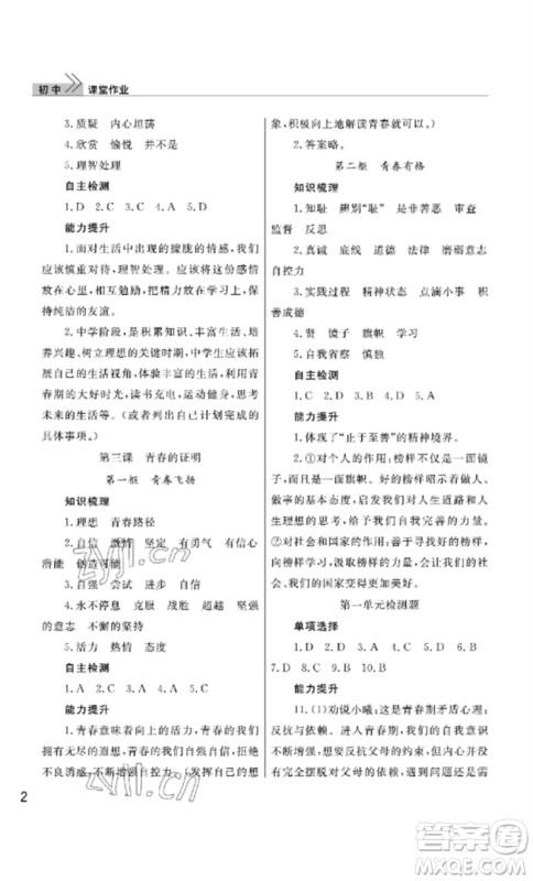 武汉出版社2023智慧学习天天向上课堂作业七年级道德与法治下册人教版参考答案