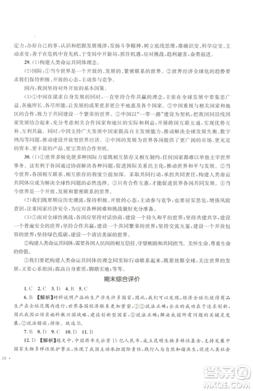 湖南教育出版社2023学科素养与能力提升九年级下册道德与法治人教版参考答案