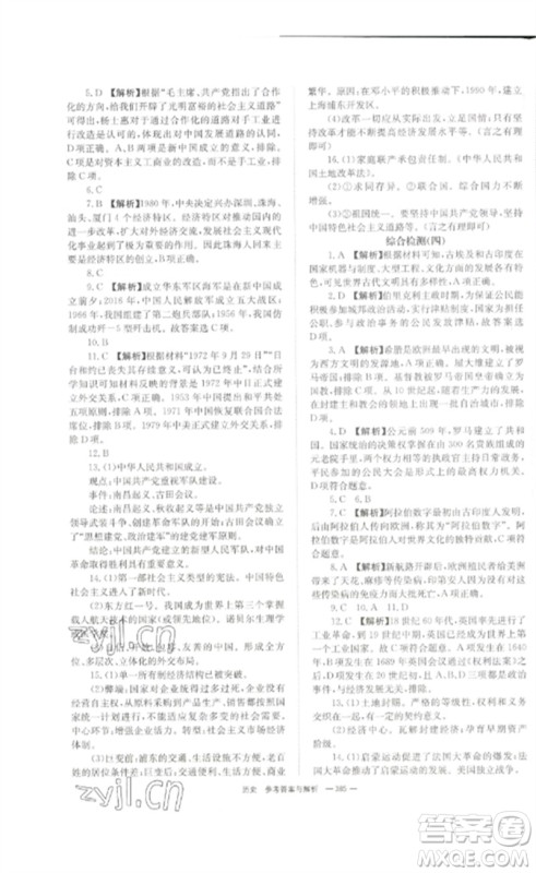 湖南师范大学出版社2023全效学习中考学练测九年级历史人教版参考答案