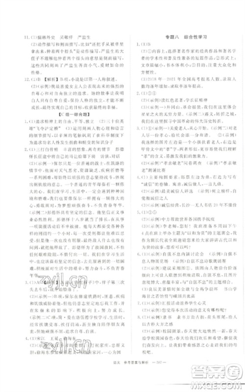 湖南师范大学出版社2023全效学习中考学练测九年级语文通用版参考答案