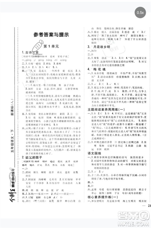 吉林人民出版社2023全科王同步课时练习五年级语文下册人教版参考答案