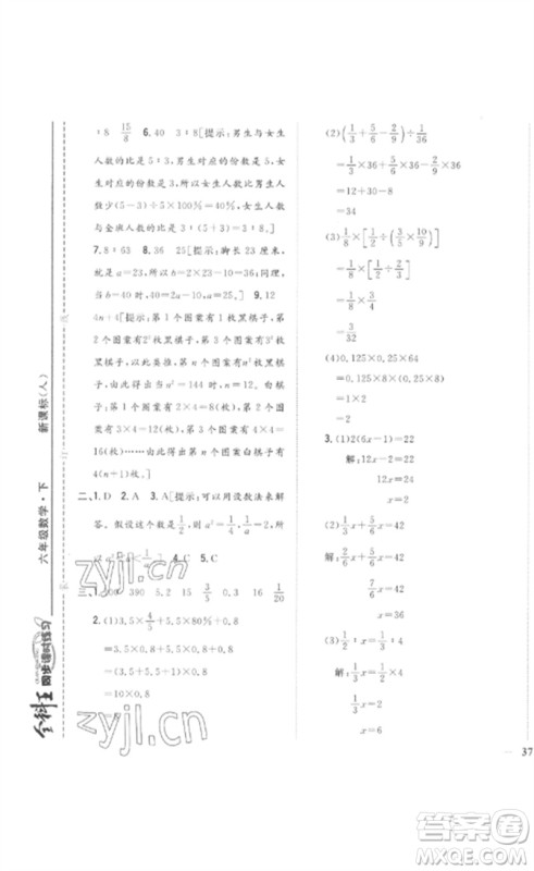 吉林人民出版社2023全科王同步课时练习六年级数学下册人教版参考答案