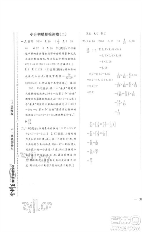 吉林人民出版社2023全科王同步课时练习六年级数学下册人教版参考答案
