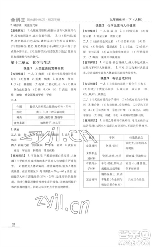 吉林人民出版社2023全科王同步课时练习九年级化学下册人教版参考答案