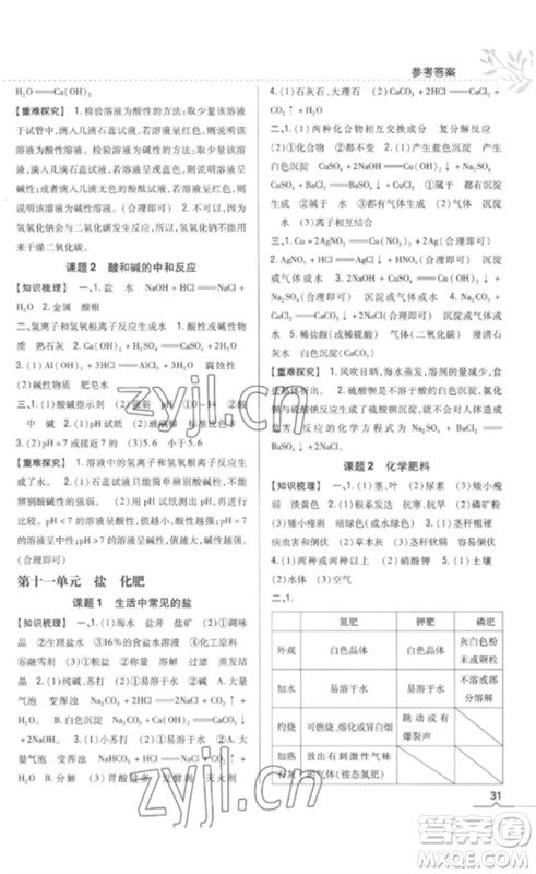 吉林人民出版社2023全科王同步课时练习九年级化学下册人教版参考答案