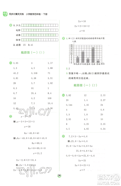 文化发展出版社2023金牛耳计算天天练四年级下册数学北师大版参考答案