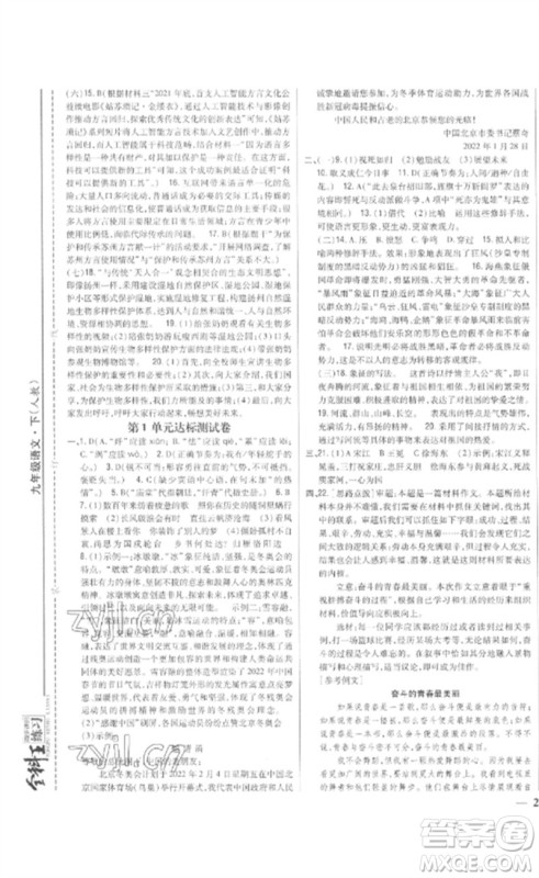 吉林人民出版社2023全科王同步课时练习九年级语文下册人教版参考答案