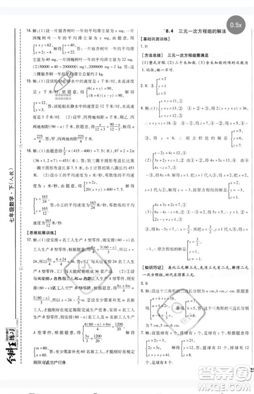 吉林人民出版社2023全科王同步课时练习七年级数学下册人教版参考答案