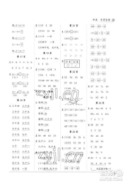 龙门书局2023黄冈小状元同步计算天天练一年级下册数学人教版参考答案