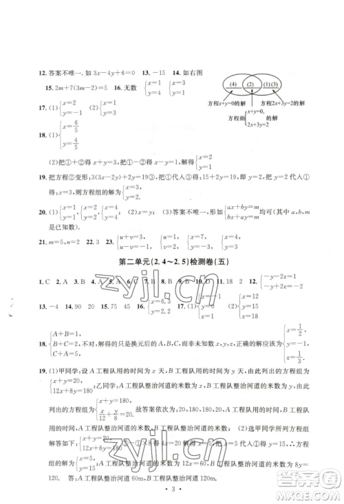 浙江工商大学出版社2023习题e百检测卷七年级下册数学浙教版参考答案