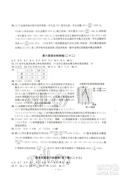 浙江工商大学出版社2023习题e百检测卷七年级下册数学浙教版参考答案 浙江工商大学出版社2023习题e百检测卷七年级下册数学浙教版参考答案