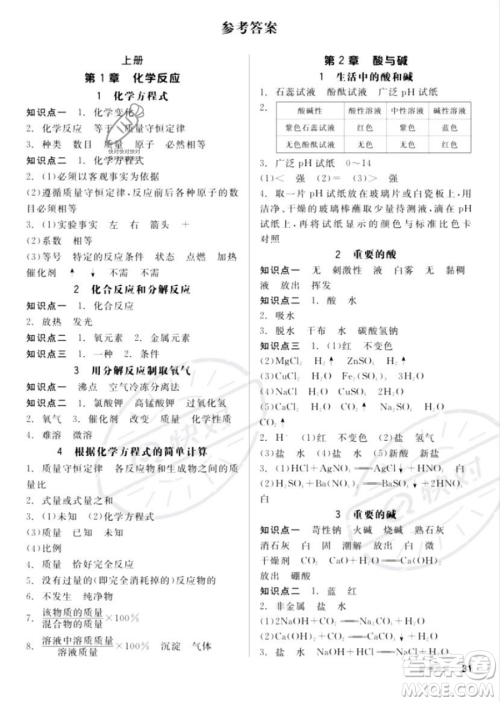 阳光出版社2023全品作业本九年级下册科学华师版参考答案