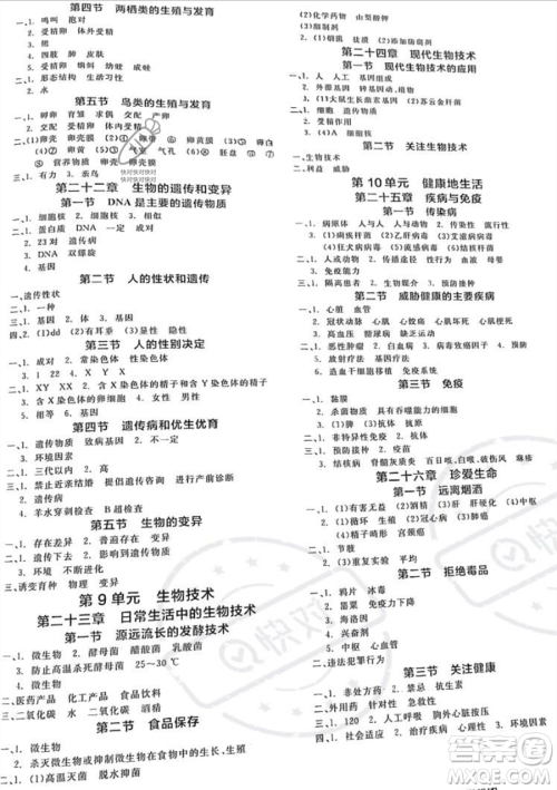 天津人民出版社2023全品作业本八年级下册生物苏教版参考答案 天津人民出版社2023全品作业本八年级下册生物苏教版参考答案