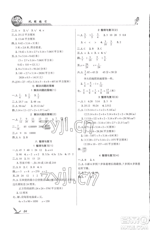 湖南教育出版社2023巩固练习五年级下册数学苏教版参考答案