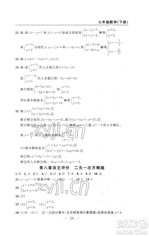 长江少年儿童出版社2023智慧课堂自主评价七年级数学下册人教版十堰专版参考答案