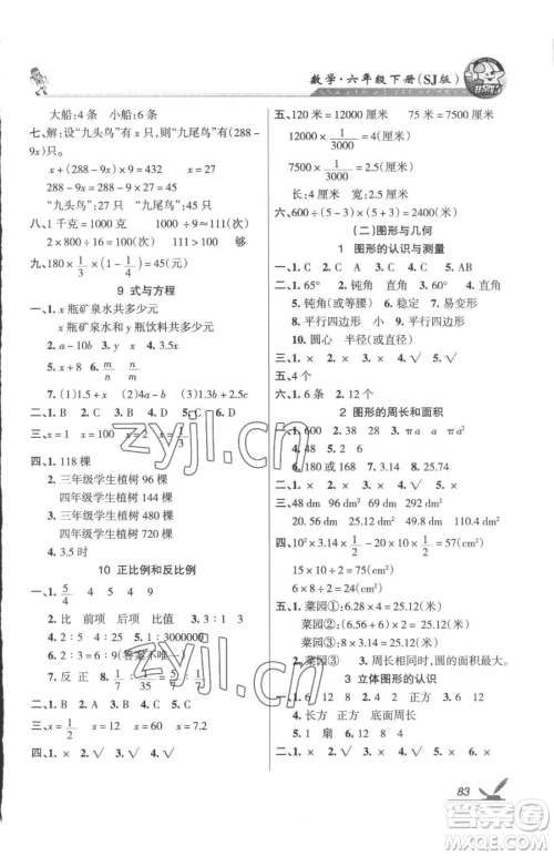 湖南教育出版社2023巩固练习六年级下册数学苏教版参考答案