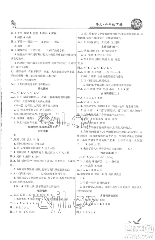 湖南教育出版社2023巩固练习六年级下册语文人教版参考答案 湖南教育出版社2023巩固练习六年级下册语文人教版参考答案